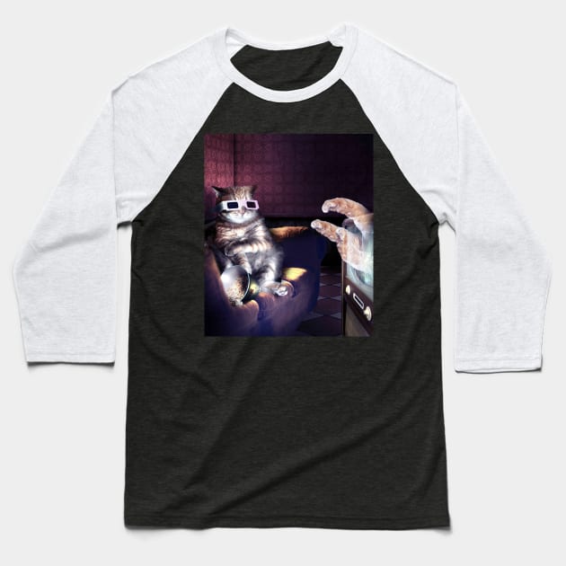 Cat With 3D Glasses Watching 3D Horror Movie Baseball T-Shirt by Random Galaxy